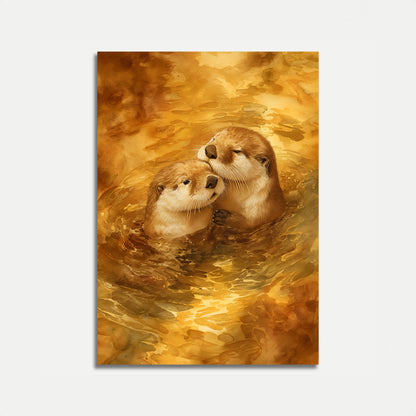 Otters in Golden Waters Poster