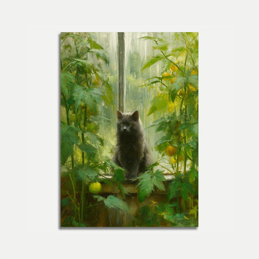 Schwarze Katze im Garten Plakat