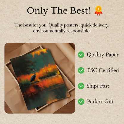 Heron in Fiery Sunset Poster
