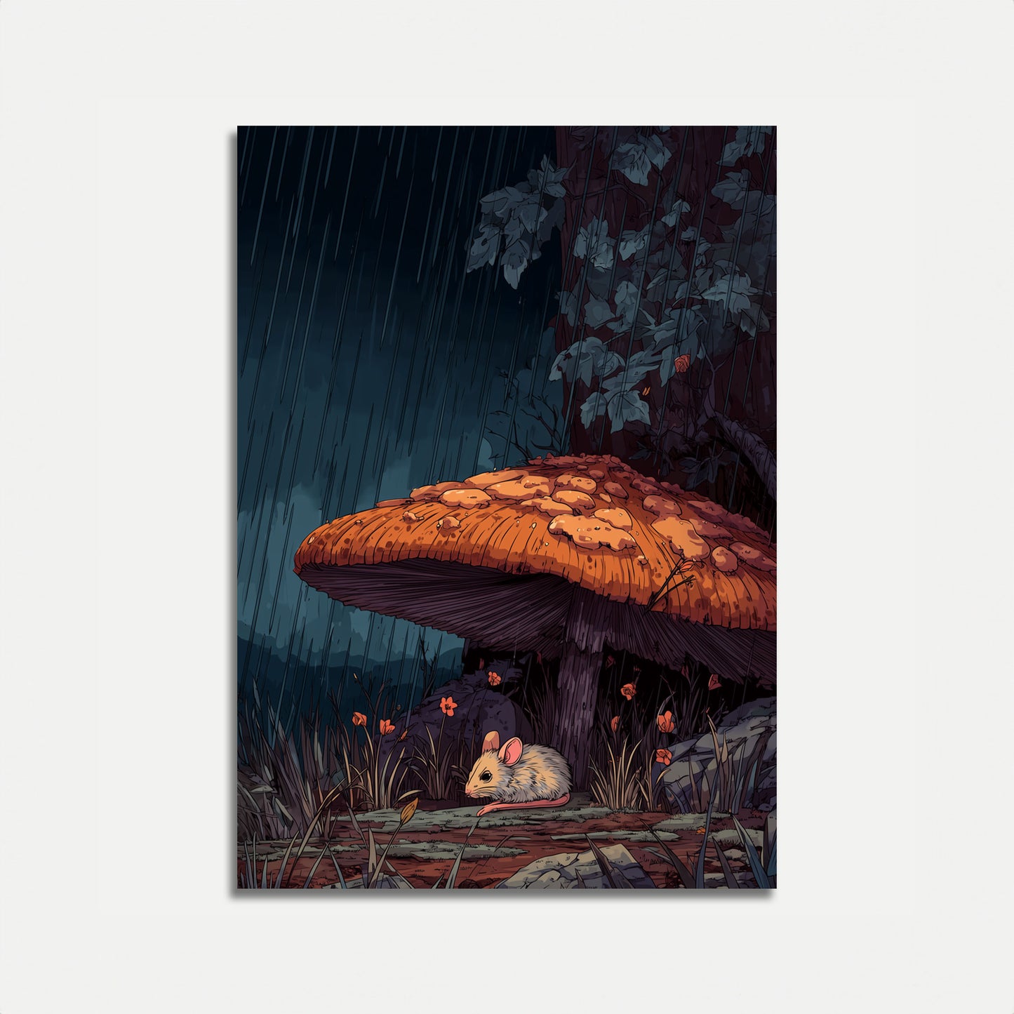 Mouse Under Mushroom Rain Poster