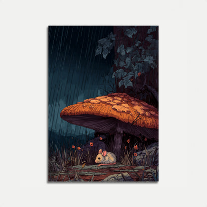 Mouse Under Mushroom Rain Poster