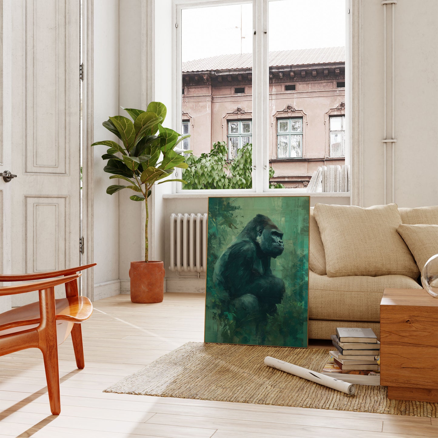 Kontemplativ Gorilla i Grønt Plakat