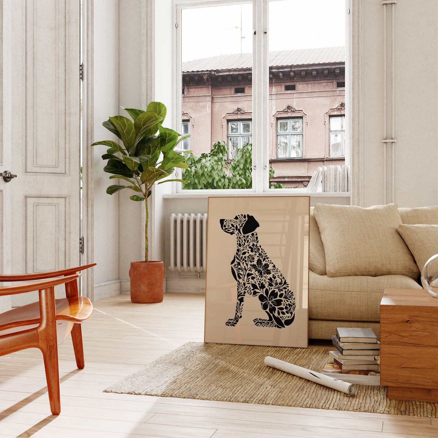Affiche silhouette de chien à fleurs