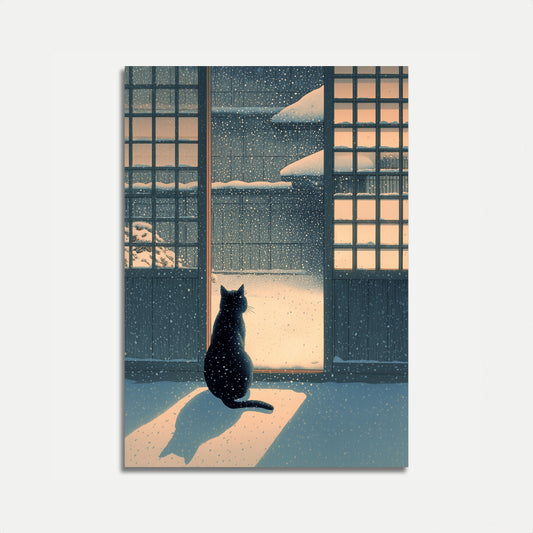 Black Cat Watching Winter Snow Poster