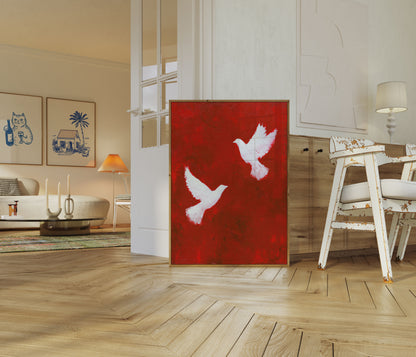 Colombes blanches sur affiche rouge