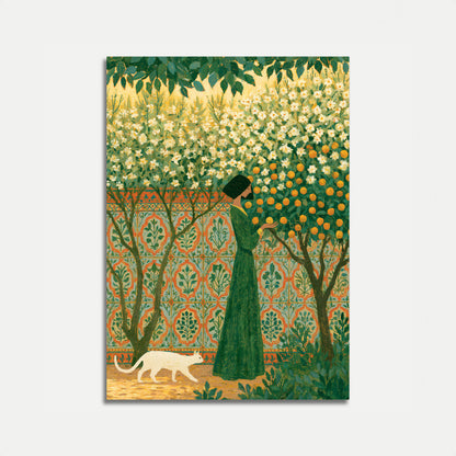 Frau im Garten mit Katzenschild