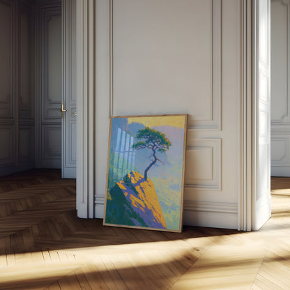 Affiche : Arbre solitaire sur pic montagneux