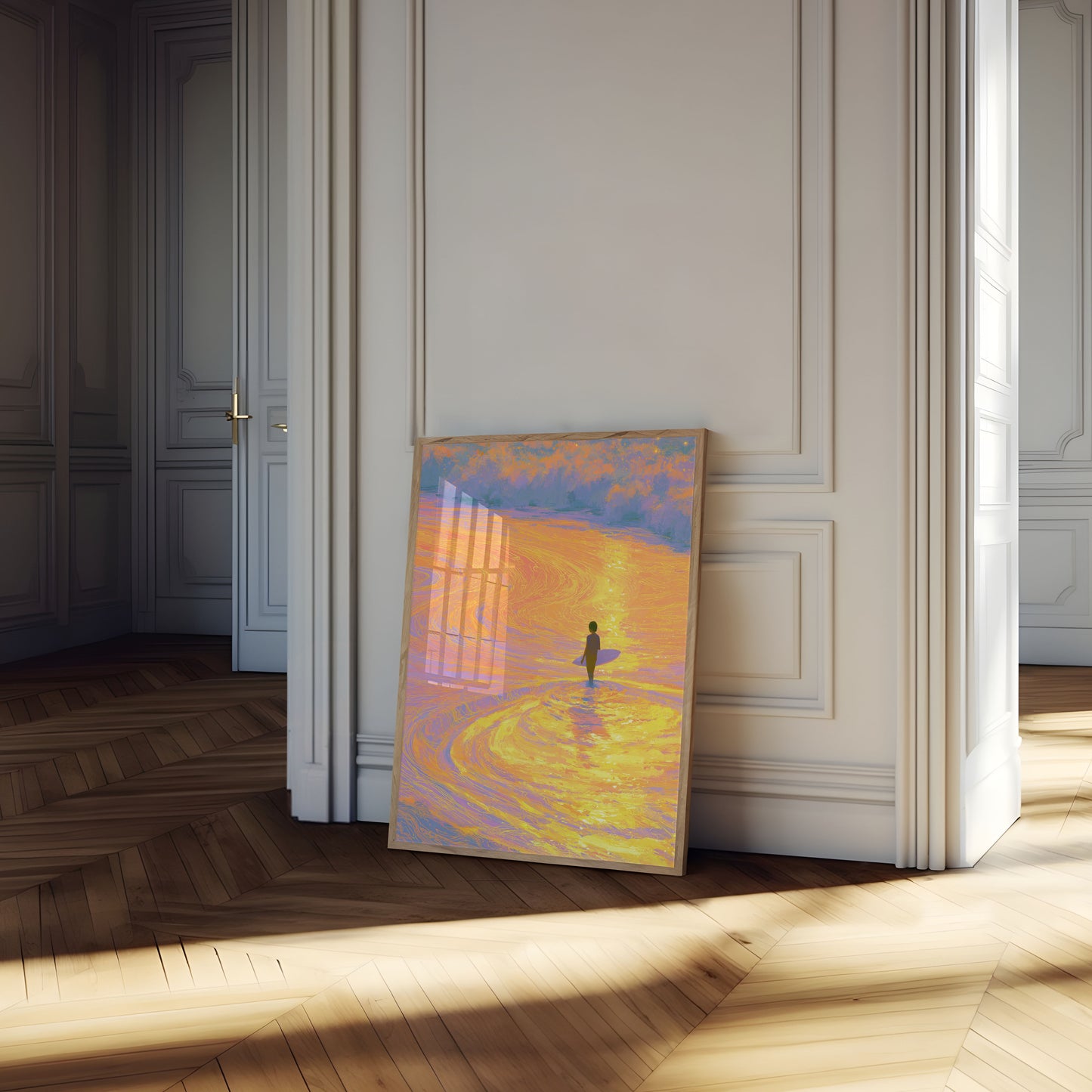 Surfer beobachtet goldenen Sonnenuntergang Poster