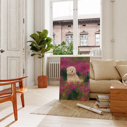 Hvit hund i blomsterhage-plakat