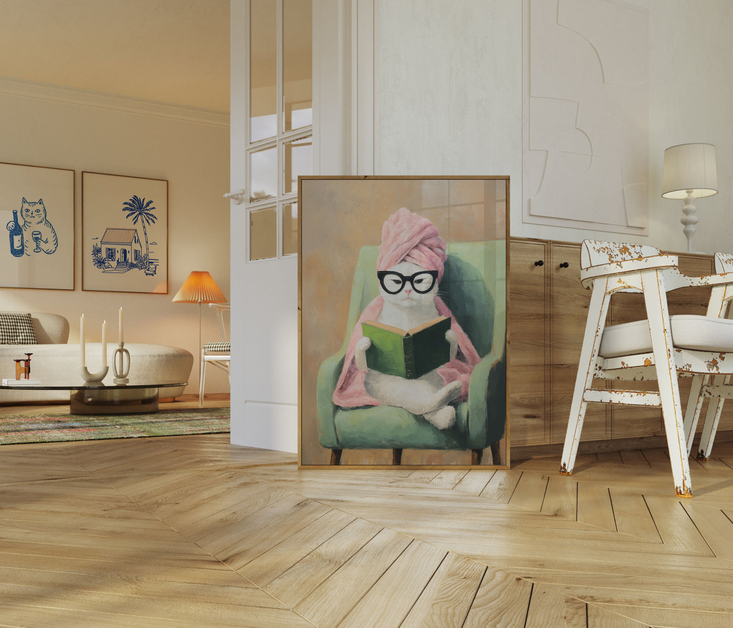 Reading Cat in Pink Towel Poster