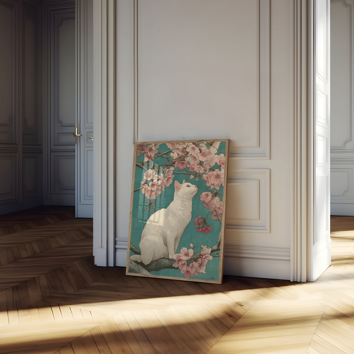 Hvid Kat Blandt Kirsebærblomster Plakat