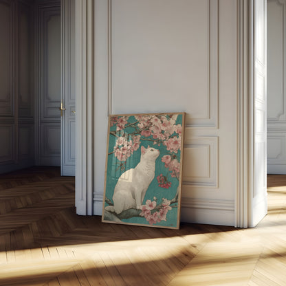 Hvid Kat Blandt Kirsebærblomster Plakat