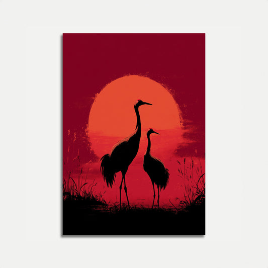 Affiche Silhouette de Grues au Coucher du Soleil