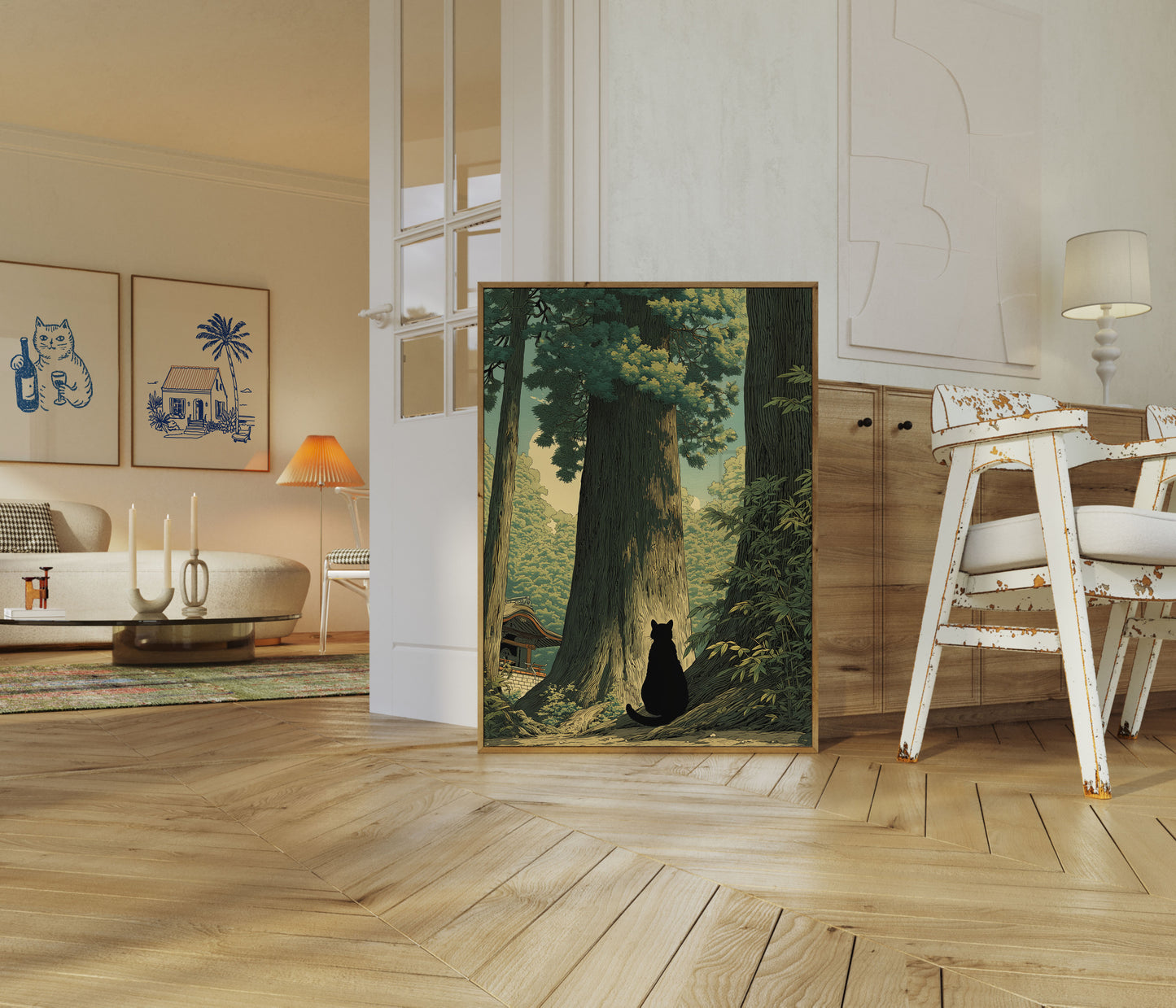 Schwarze Katze Waldtempel Plakat
