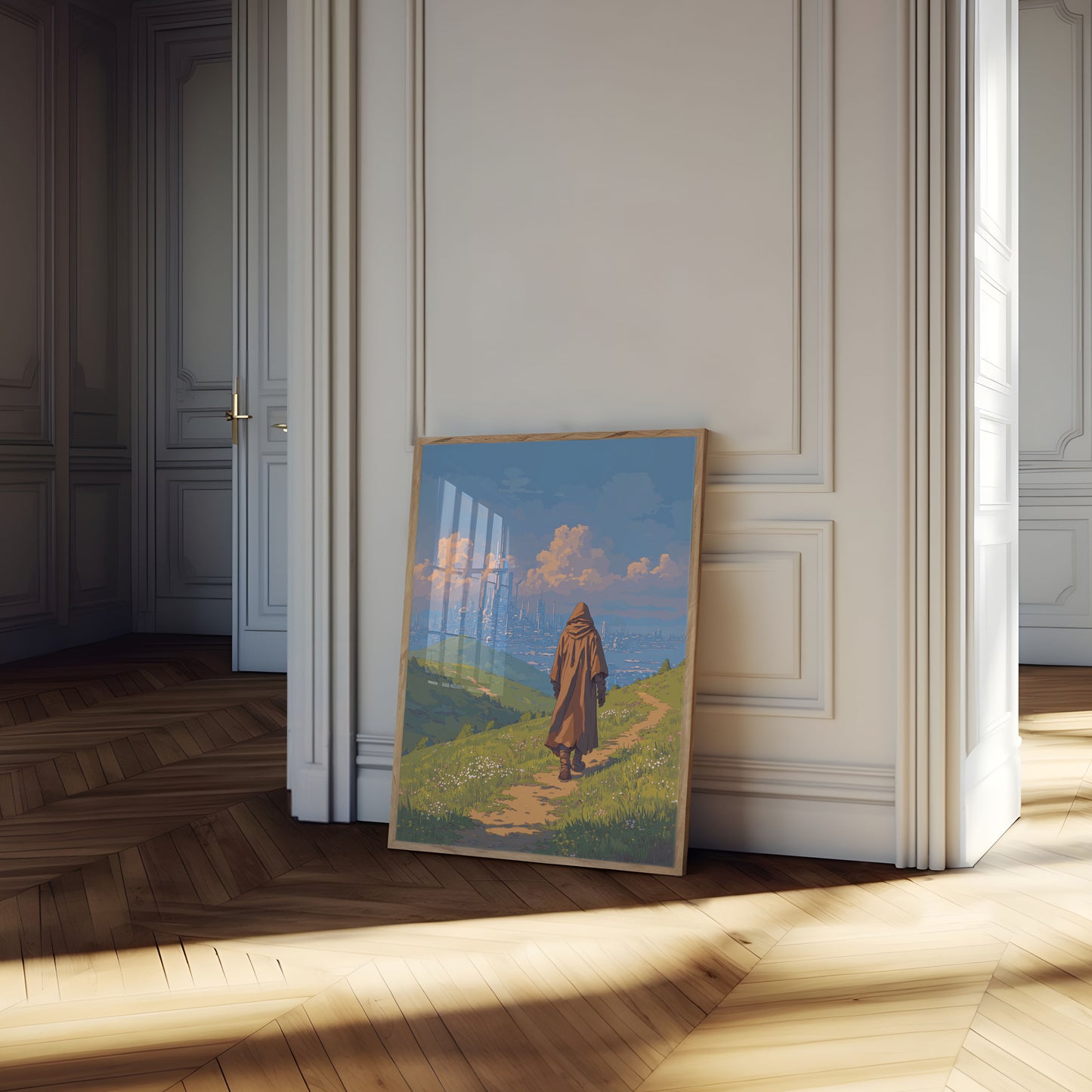 Traveler Gazing at Futuristic City Poster