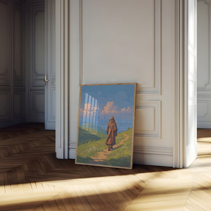 Traveler Gazing at Futuristic City Poster