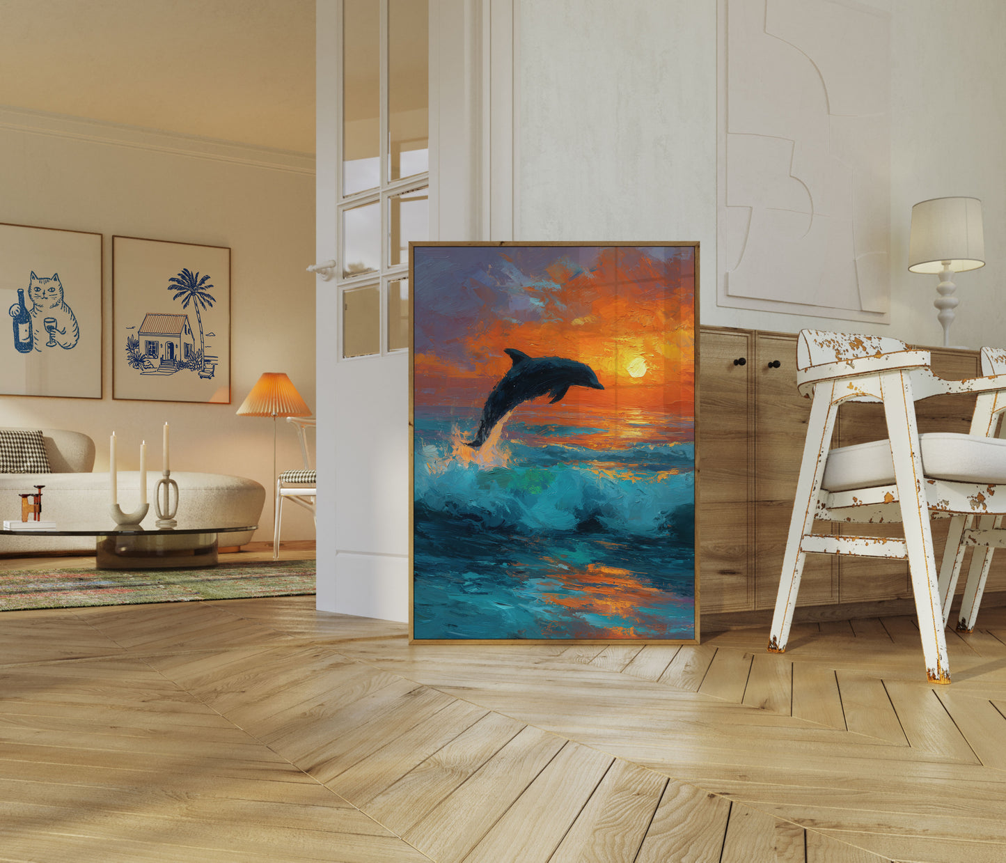 Poster Delfino che Salta al Tramonto