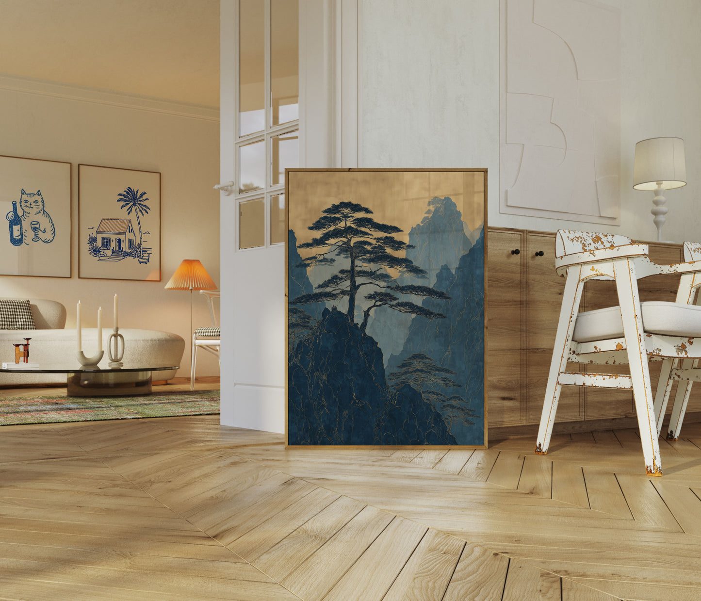 Poster del Paesaggio con Pini della Montagna Nebbiosa