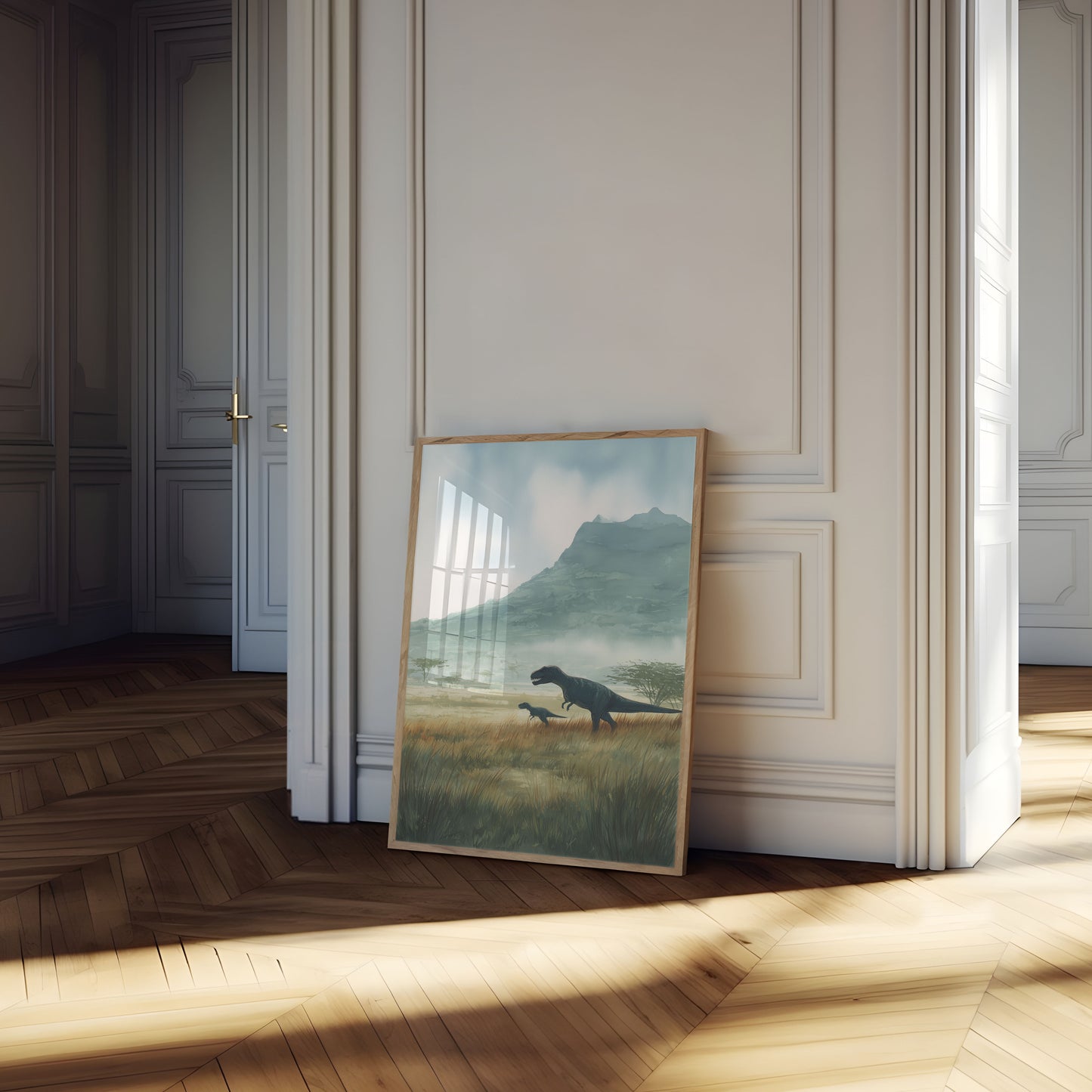 Póster de dinosaurios de praderas prehistóricas