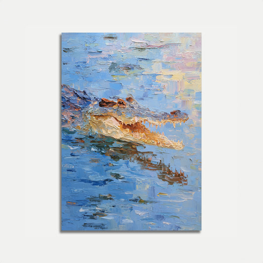 Póster de cocodrilo nadando al atardecer