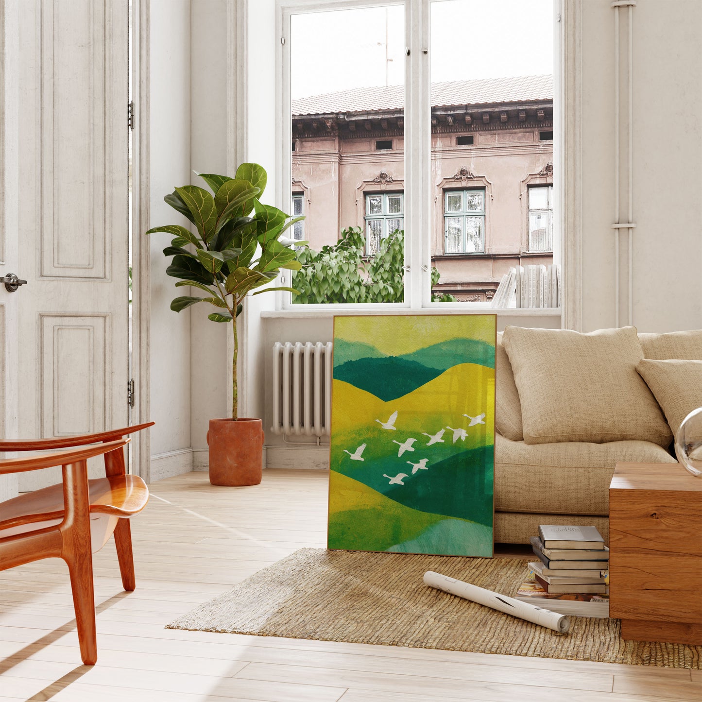 Flying Birds Over Rolling Hills Poster
