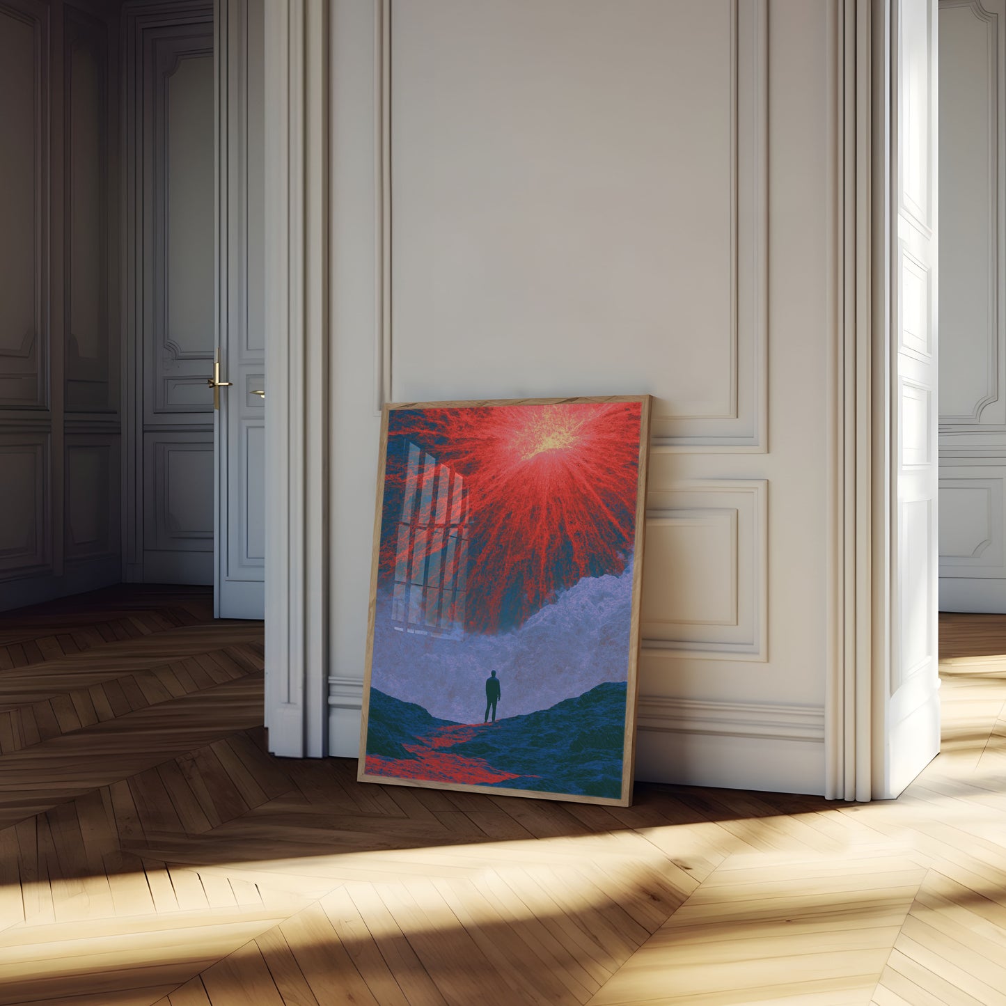 Osservatore solitario prima del poster del vulcano