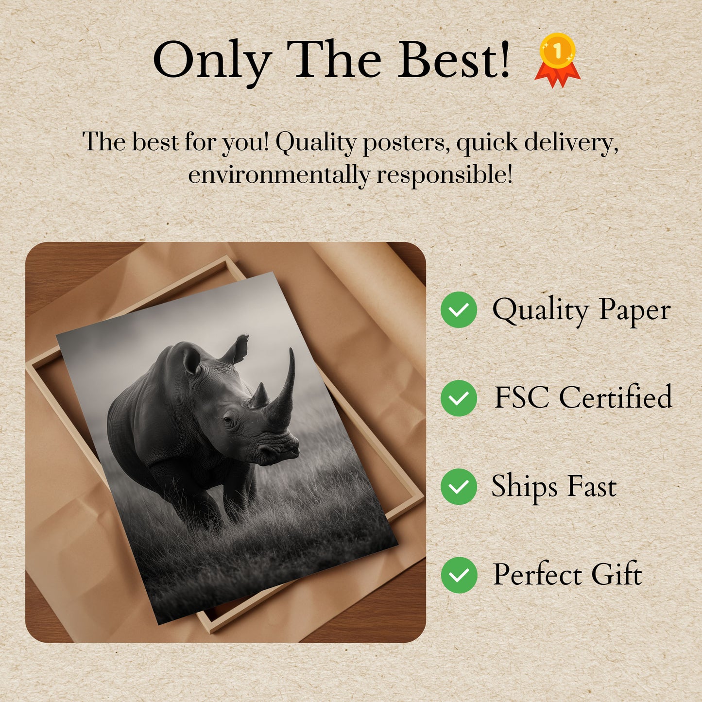 Póster de un majestuoso rinoceronte en la pradera