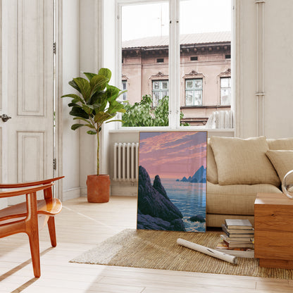 Plakat: Klippekyst ved solnedgang