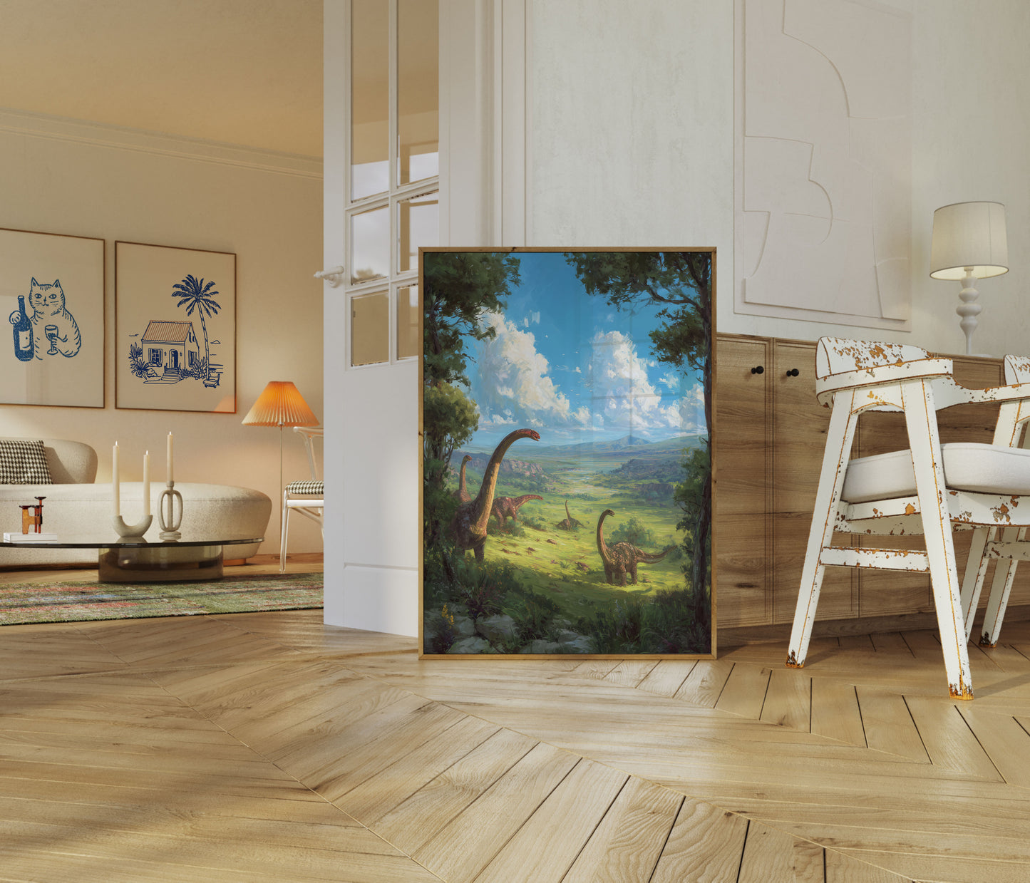 Póster de dinosaurios de paisaje prehistórico