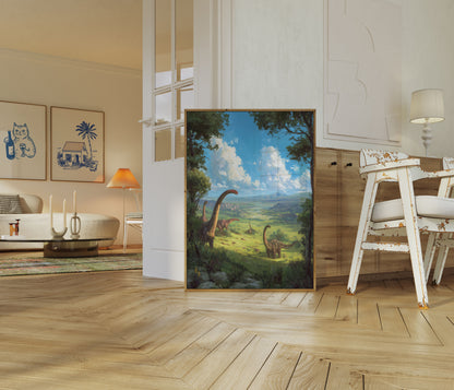 Póster de dinosaurios de paisaje prehistórico