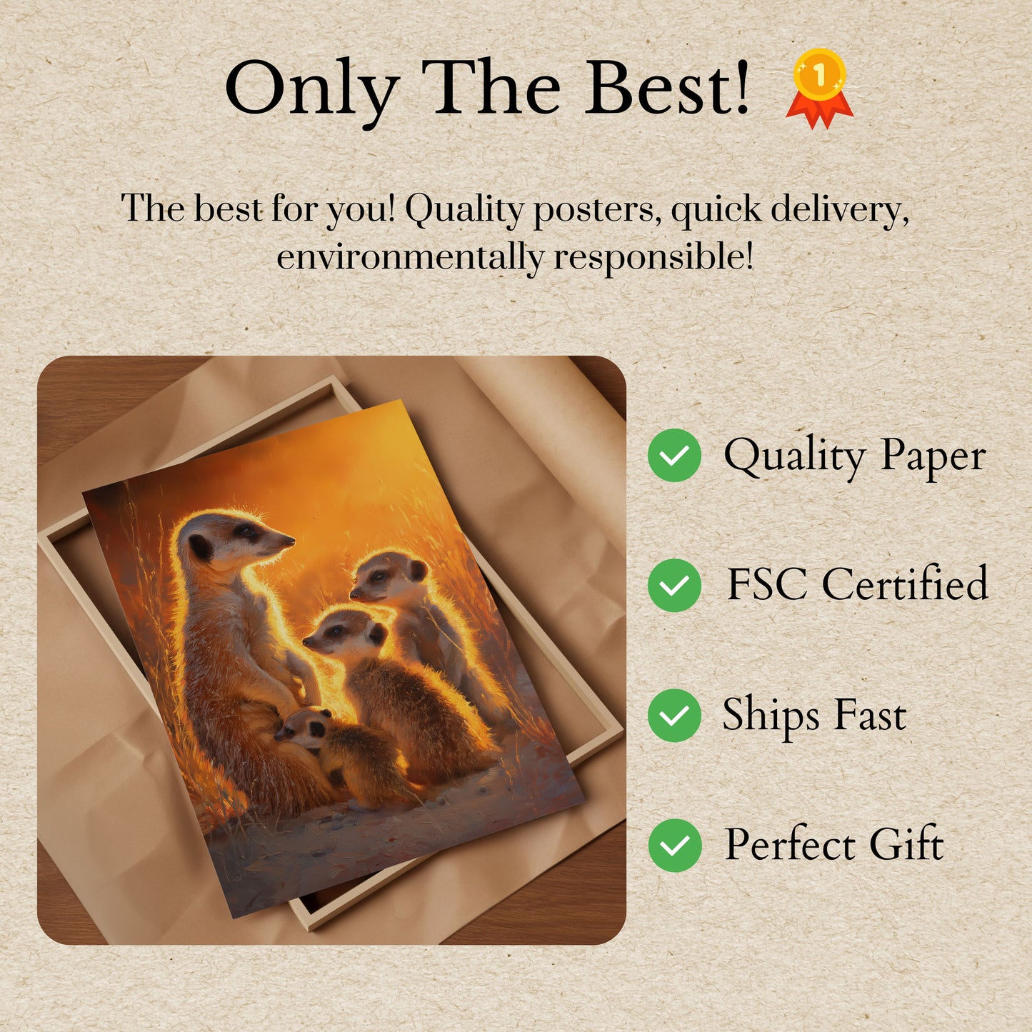 Affiche Famille de Suricates au Coucher de Soleil Doré