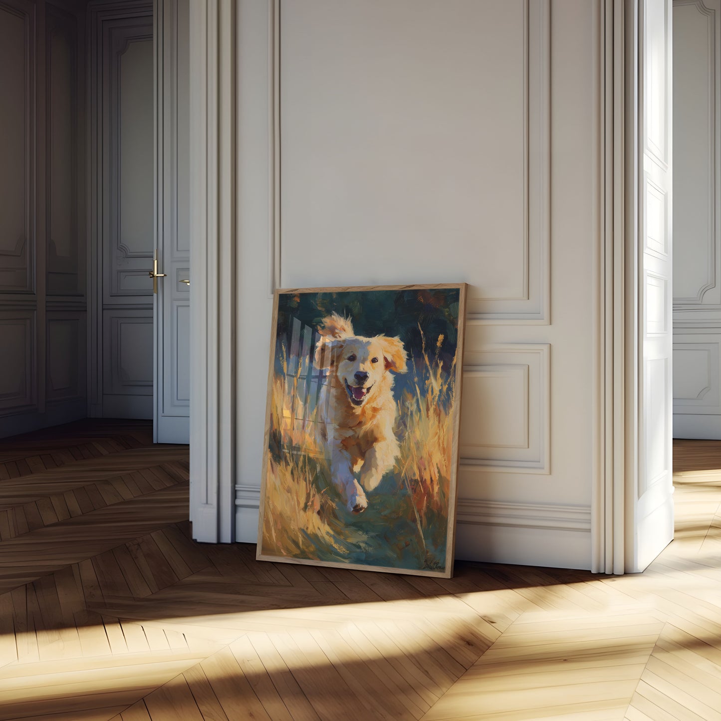 Golden Retriever Running Through Field Poster