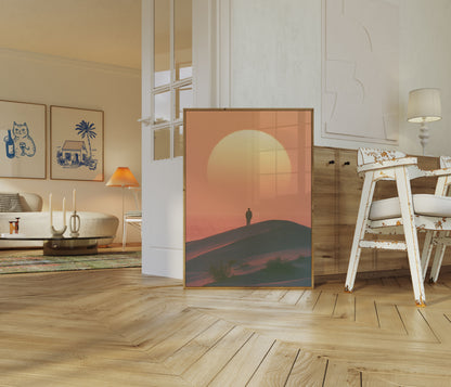 Wüsten-Sonnenuntergang-Poster mit einsamer Figur