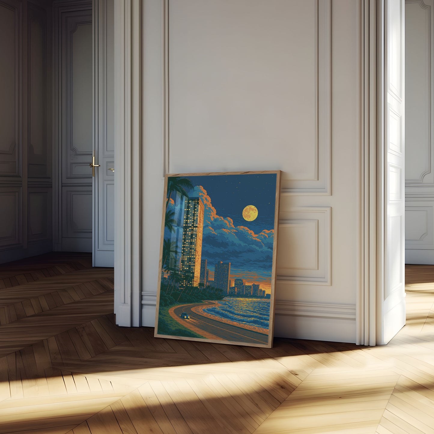 Moonlit Beach City Escape Poster