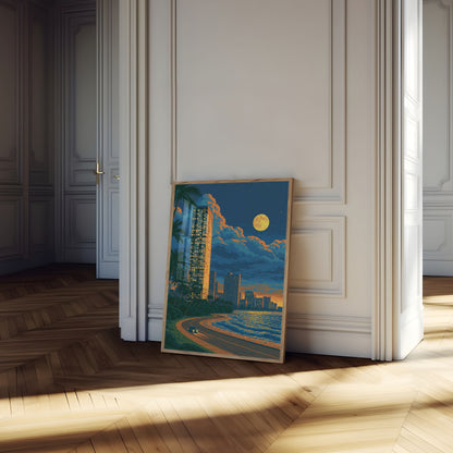 Moonlit Beach City Escape Poster