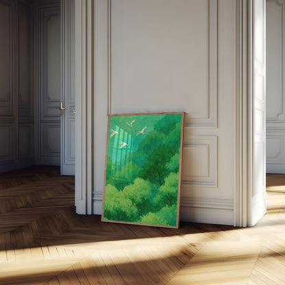 Volare Uccelli Sopra Foresta Poster