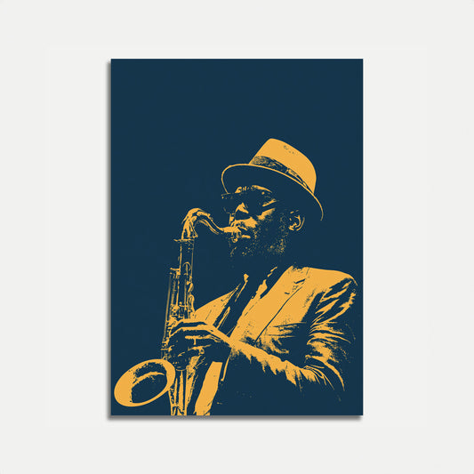 Póster de Blues Dorado con Saxofonista de Jazz