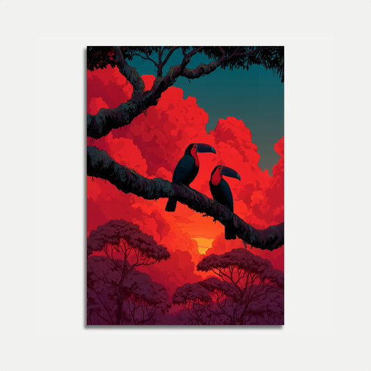Póster de tucanes tropicales al atardecer