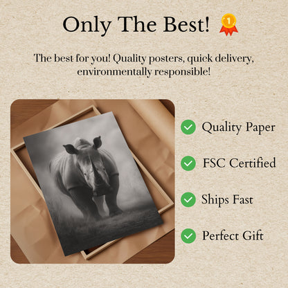 Póster de un majestuoso rinoceronte en una pradera brumosa