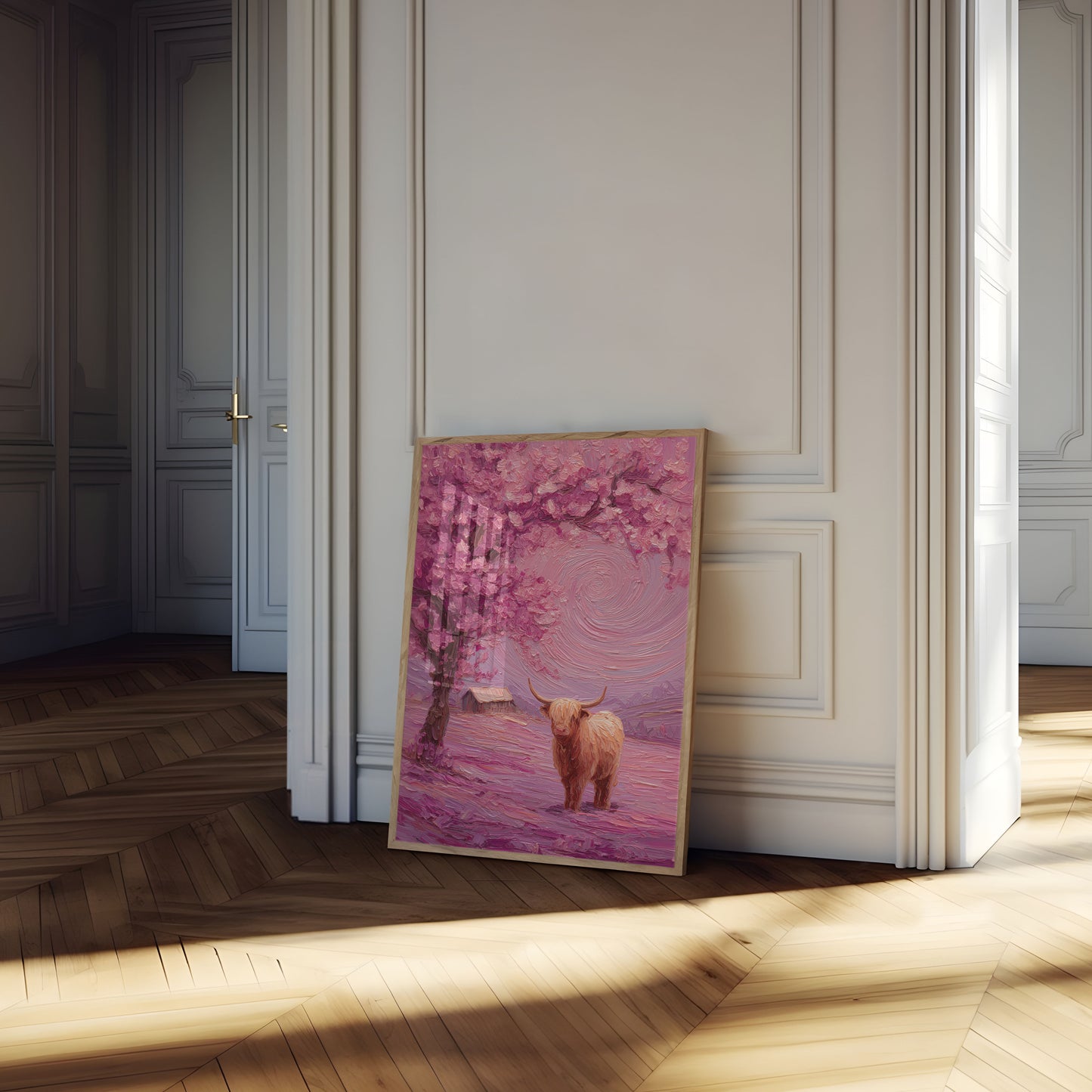Highland Cattle in Pink Landscape Poster