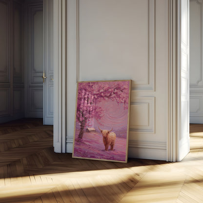 Highland Cattle in Pink Landscape Poster
