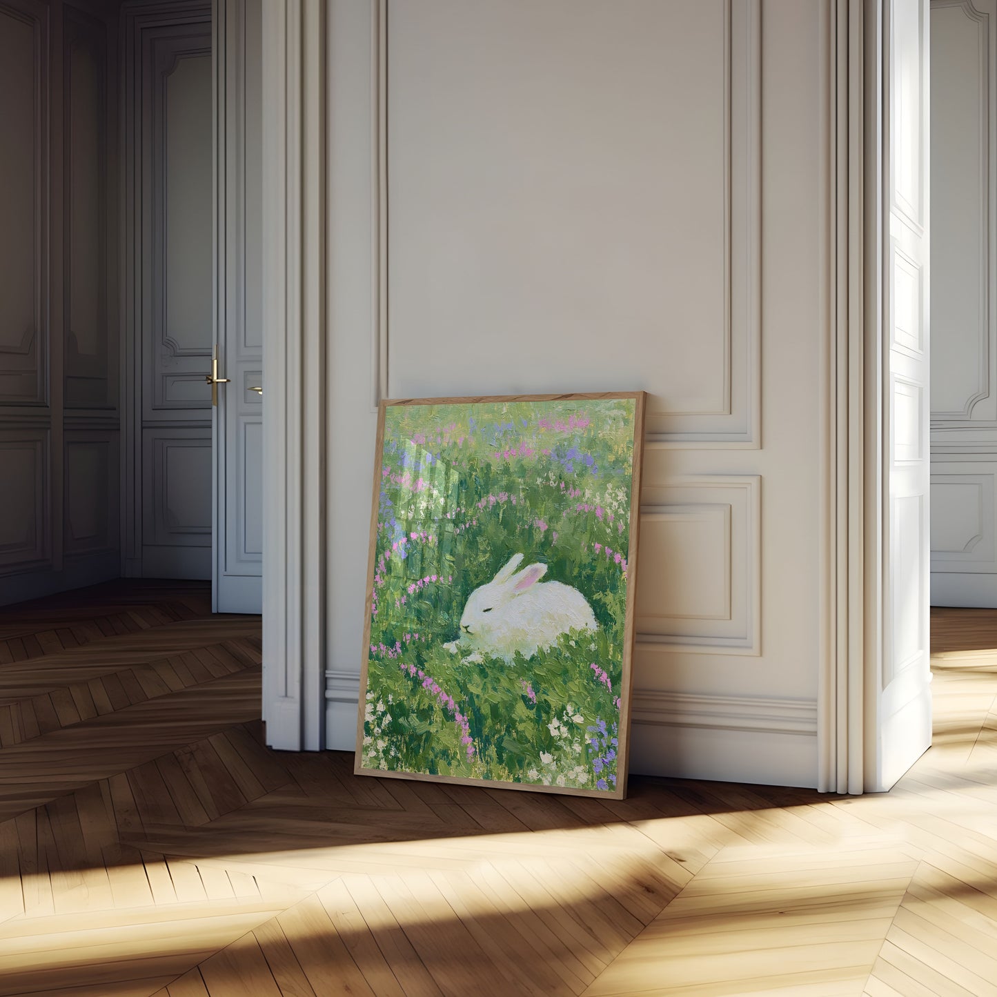 Póster "Conejo Blanco en Jardín de Flores Silvestres"