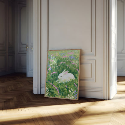 Póster "Conejo Blanco en Jardín de Flores Silvestres"