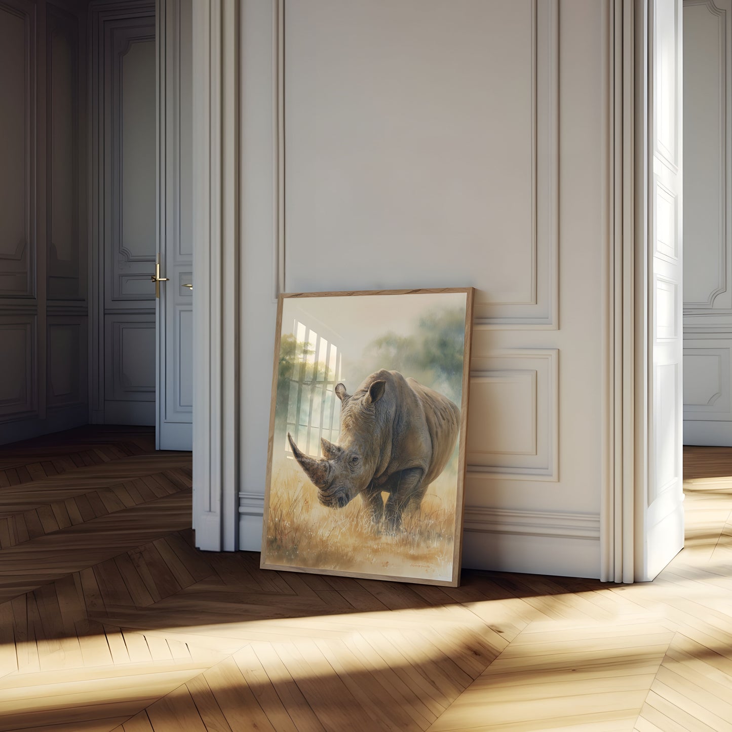 Póster de un majestuoso rinoceronte en la pradera