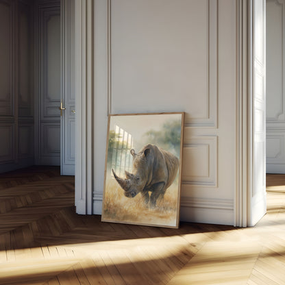Póster de un majestuoso rinoceronte en la pradera