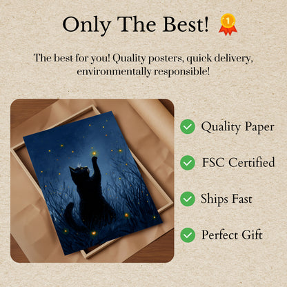 Cat Reaching for Fireflies Poster
