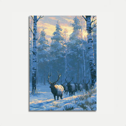 Winter Elk Herd in Forest Poster