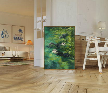 Affiche Loutres Nageant dans l'Eau Verte