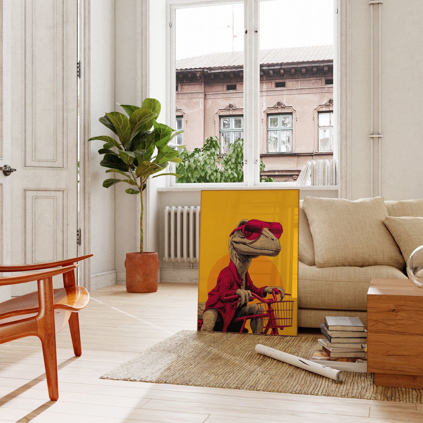 Póster genial de paseo en bicicleta con dinosaurios