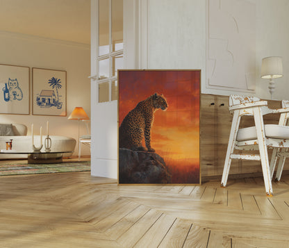 Luipaard op Steen bij Zonsondergang Poster